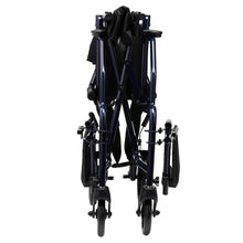Folded transport wheelchair viewed from above, showing frame, wheels, and footrests