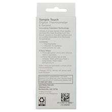 Temple Touch digital thermometer retail box back with instructions, barcode, and specs