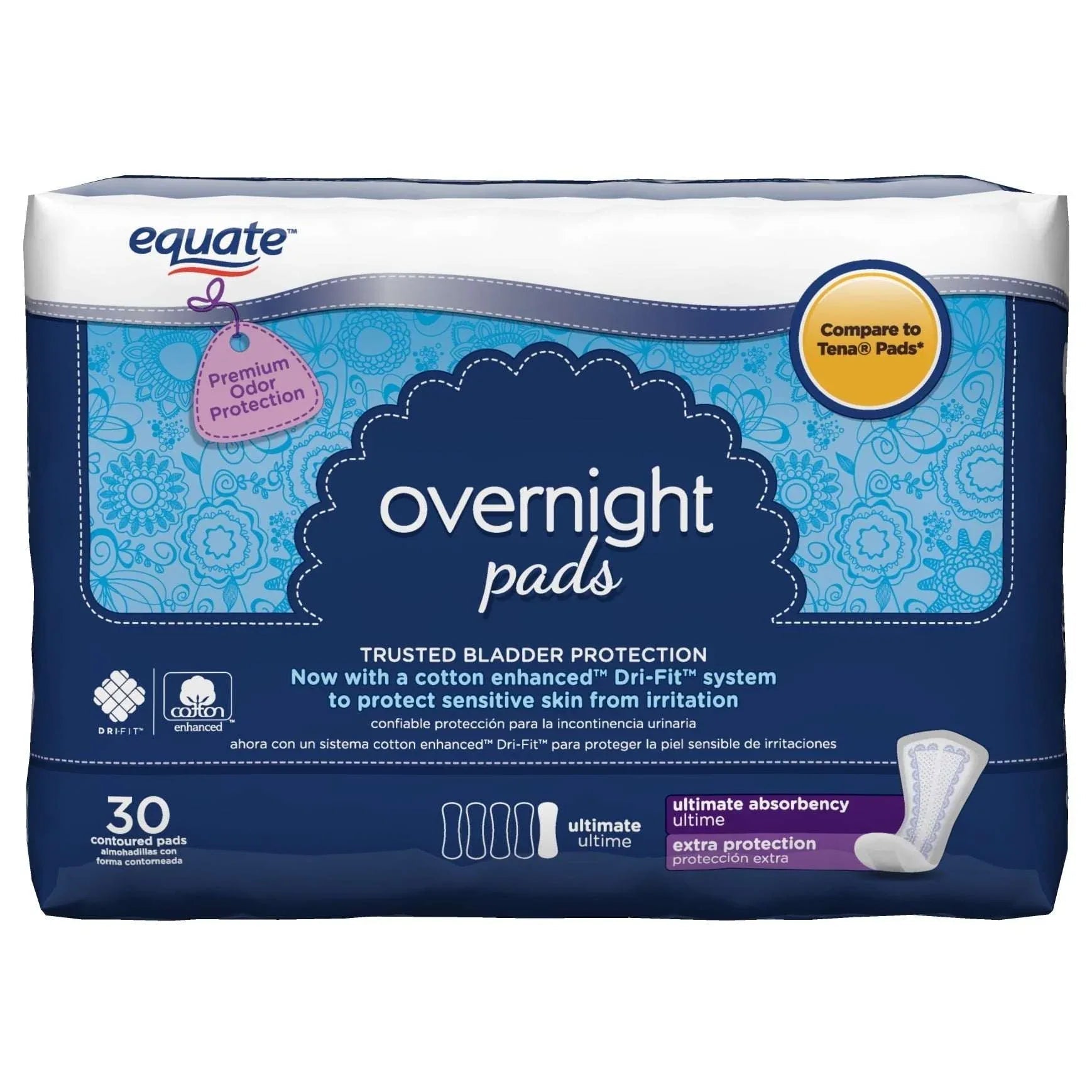 Equate Women's Overnight Incontinence Pads, Ultimate Absorbency (30 Count), Compare to Tena®