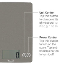 Digital kitchen scale with unit and power control buttons