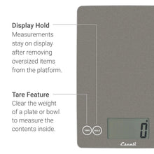 Digital kitchen scale highlighting hold and tare functions on LCD display
