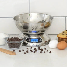 Stainless steel digital kitchen scale with LCD display and tare control buttons