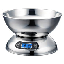 Stainless steel digital kitchen scale with round bowl and blue backlit display