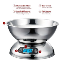 Stainless steel digital kitchen scale with LCD readout and front control buttons