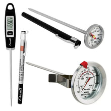 Instant-read meat thermometer set with digital display, probe, and round dial for cooking
