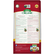 Organic plant food bag back panel with directions text and certification seals