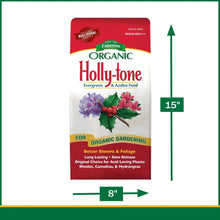 Organic plant food bag packaging size diagram marked 8 in and 15 in