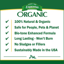 Organic plant food benefits panel: 100% natural, safe, bio-tone, won’t burn