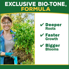 Bio-tone formula label with photo of a person holding green plant seedlings