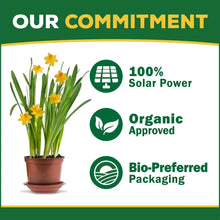 Plant food commitment label with potted daffodils and badges for solar power and organic