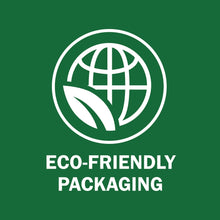 Eco-friendly packaging badge with globe and leaf icon and 'ECO-FRIENDLY PACKAGING' text