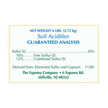 Net weight 6 lb soil acidifier guaranteed analysis label with sulfur percentages
