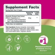 Menopause relief supplement Supplement Facts panel with rhapontic rhubarb root extract.
