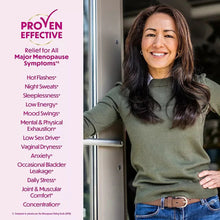 Menopause relief supplement promotional panel with symptom list and woman model.