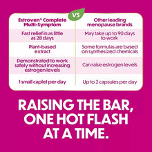 Menopause relief supplement comparison panel with dosing claims and "one hot flash" text.