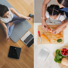 Smart fitness scale and kitchen scale shown in use while weighing and cooking