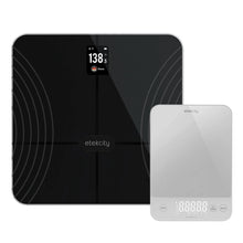 Smart fitness scale and kitchen scale side by side, black platform and white LCD scale