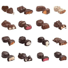Assorted bite-size chocolates and truffles in various shapes and fillings