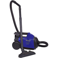 Blue canister vacuum cleaner with extended hose and floor nozzle
