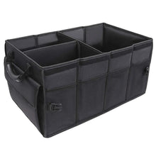 Black trunk organizer box with stitched dividers and two side carry handles