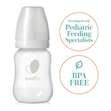 Clear standard-neck baby bottle with white nipple and BPA-free seal icon