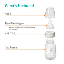 Clear 4 oz baby bottle with included hood, cap ring, and slow-flow nipple