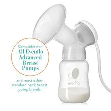 Clear standard-neck baby bottle with nipple and breast-pump adapter for feeding