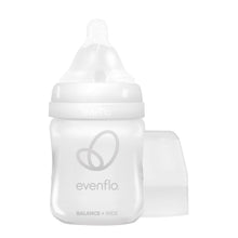 Clear/white Evenflo Balance+ wide-neck baby bottle with nipple, side view