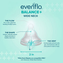 Evenflo Balance+ wide-neck bottle flow and shape graphic on box