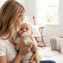 Clear/white wide-neck baby bottle in parent’s hands while feeding baby