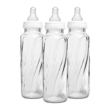 Set of three clear glass baby bottles with white standard-neck nipples, BPA-free
