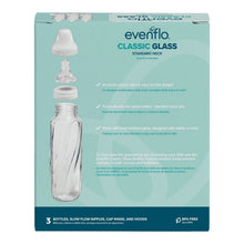 Evenflo Classic BPA-free glass baby bottles package back with bottle and parts illustration