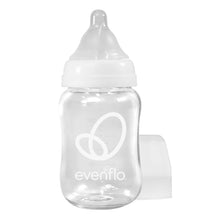 Clear glass baby bottle with white wide-neck nipple and collar, Evenflo logo