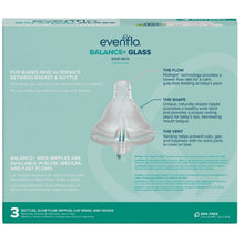 Evenflo Balance+ wide-neck glass bottle box back with product diagram and features