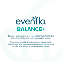 Evenflo Balance+ wide-neck bottle graphic with brand name and feeding text