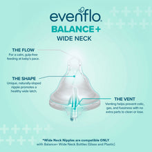 Evenflo Balance+ wide-neck bottle diagram showing vent, flow, and shape