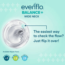 Evenflo Balance+ wide-neck bottle flow-check diagram with flip vent circle