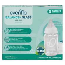 Evenflo Balance+ wide-neck glass bottle 3-pack box, showing three glass bottles