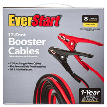 EverStart 12-foot heavy duty booster cables with red and black battery clamps on box