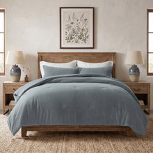 Evergrace mini waffle plush comforter set in blue, shown on a bed with matching pillows