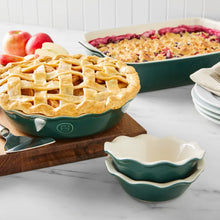 Mini pie dish set of 2 with lattice-topped tart in green scalloped dishes
