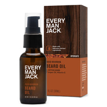 Aged bourbon beard oil bottle with pump and 1 oz box