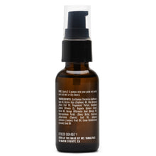 Beard oil bottle back label with amber bottle and black pump cap