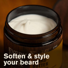Beard softening butter jar with creamy white product in open lid