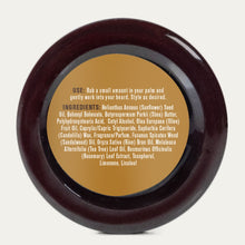 Beard balm tin back label with use directions and ingredient list