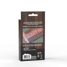 Beard comb retail box back view with product details and barcode