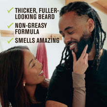 Beard thickening cream benefit text: thicker fuller-looking, non-greasy, smells amazing