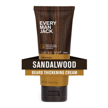 Every Man Jack beard thickening cream tube with sandalwood label and amber cap