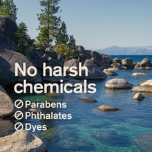 Riverside rocks graphic with 'No harsh chemicals' message