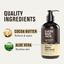 Beard + face wash bottle with ingredient callouts: cocoa butter and aloe vera